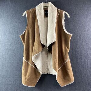 Me Jane Faux Suede Sherpa Vest Large Tan Shawl Collar Open Front Western Boho